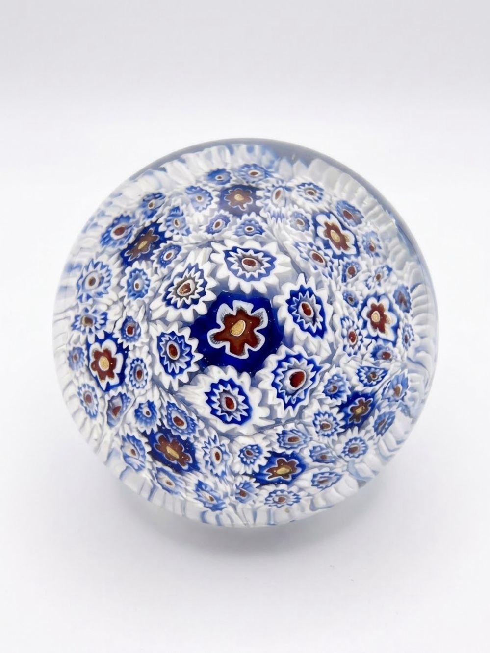 Vintage Murano Millefiori Paperweight Art Glass Polished Blue White Signed ~2”